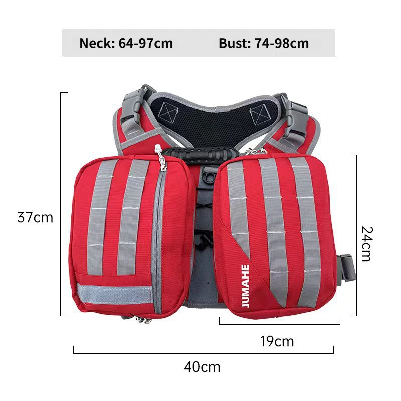 2-in-1 Red Dog Saddlebag Harness Backpack - Large Dog Adjustable Hiking Pack with Detachable Dual Side Pouches, Breathable Lining, Top Handle and Padded Neck Support