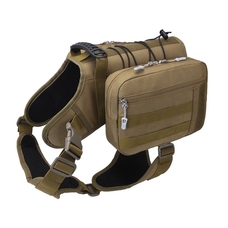 2-in-1 Khaki Dog Saddlebag Harness Backpack - Large Dog Adjustable Hiking Pack with Detachable Dual Side Pouches, Breathable Lining, Top Handle and Padded Neck Support