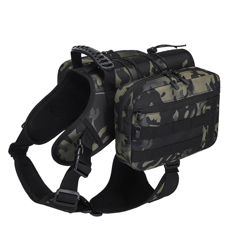 2-in-1 Camuflage Dog Saddlebag Harness Backpack - Large Dog Adjustable Hiking Pack with Detachable Dual Side Pouches, Breathable Lining, Top Handle and Padded Neck Support