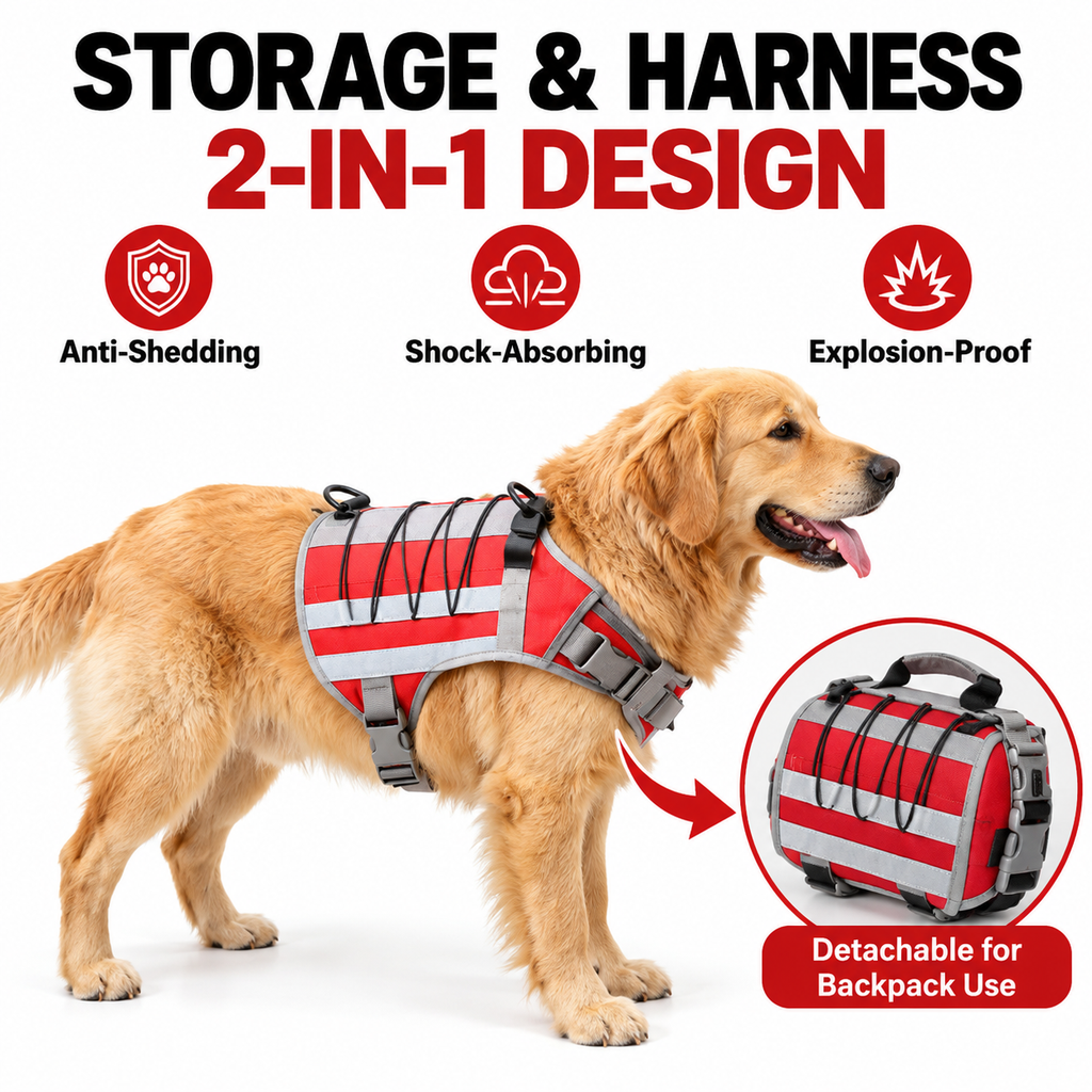 2-in-1 Camuflage Dog Saddlebag Harness Backpack - Large Dog Adjustable Hiking Pack with Detachable Dual Side Pouches, Breathable Lining, Top Handle and Padded Neck Support