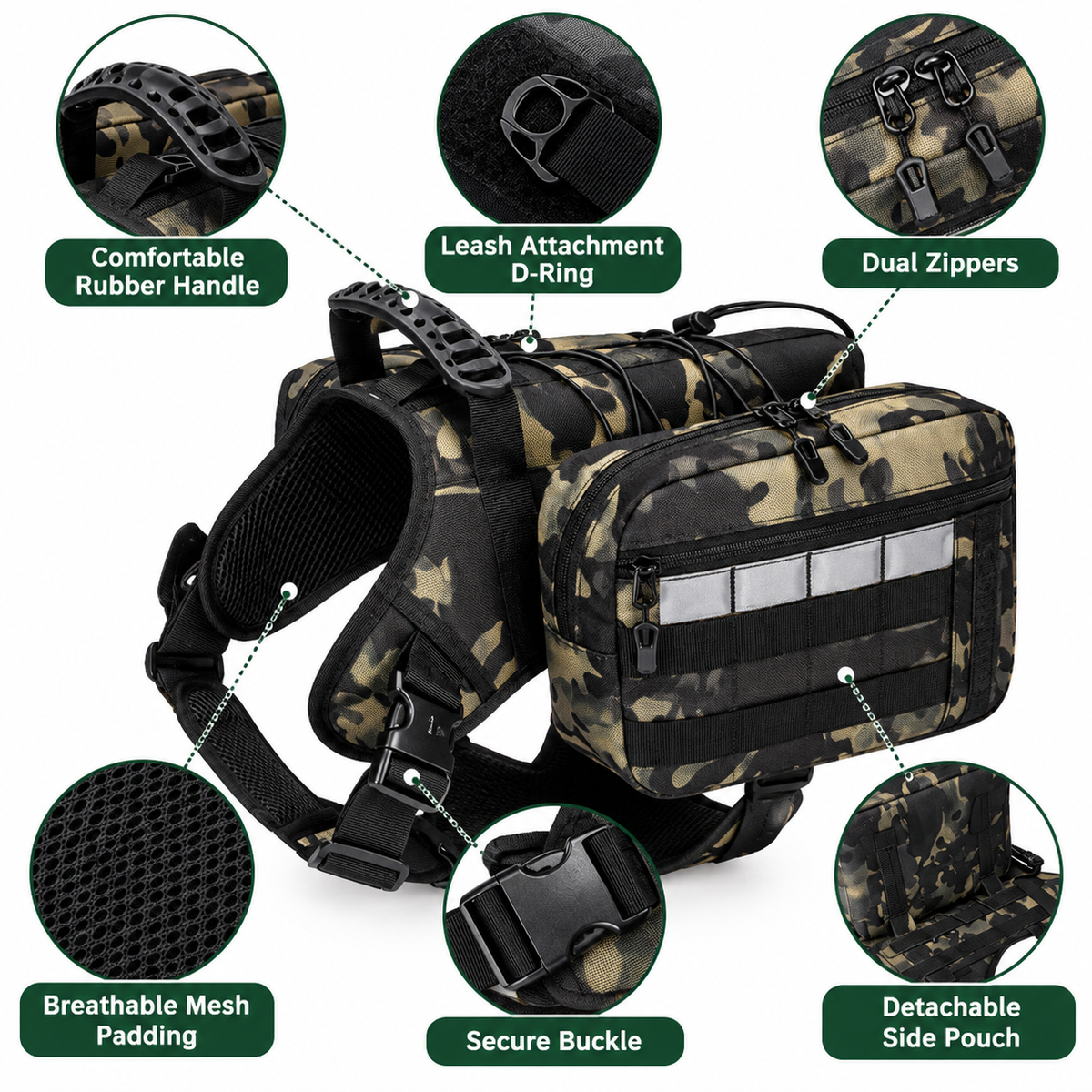 2-in-1 Camuflage Dog Saddlebag Harness Backpack - Large Dog Adjustable Hiking Pack with Detachable Dual Side Pouches, Breathable Lining, Top Handle and Padded Neck Support