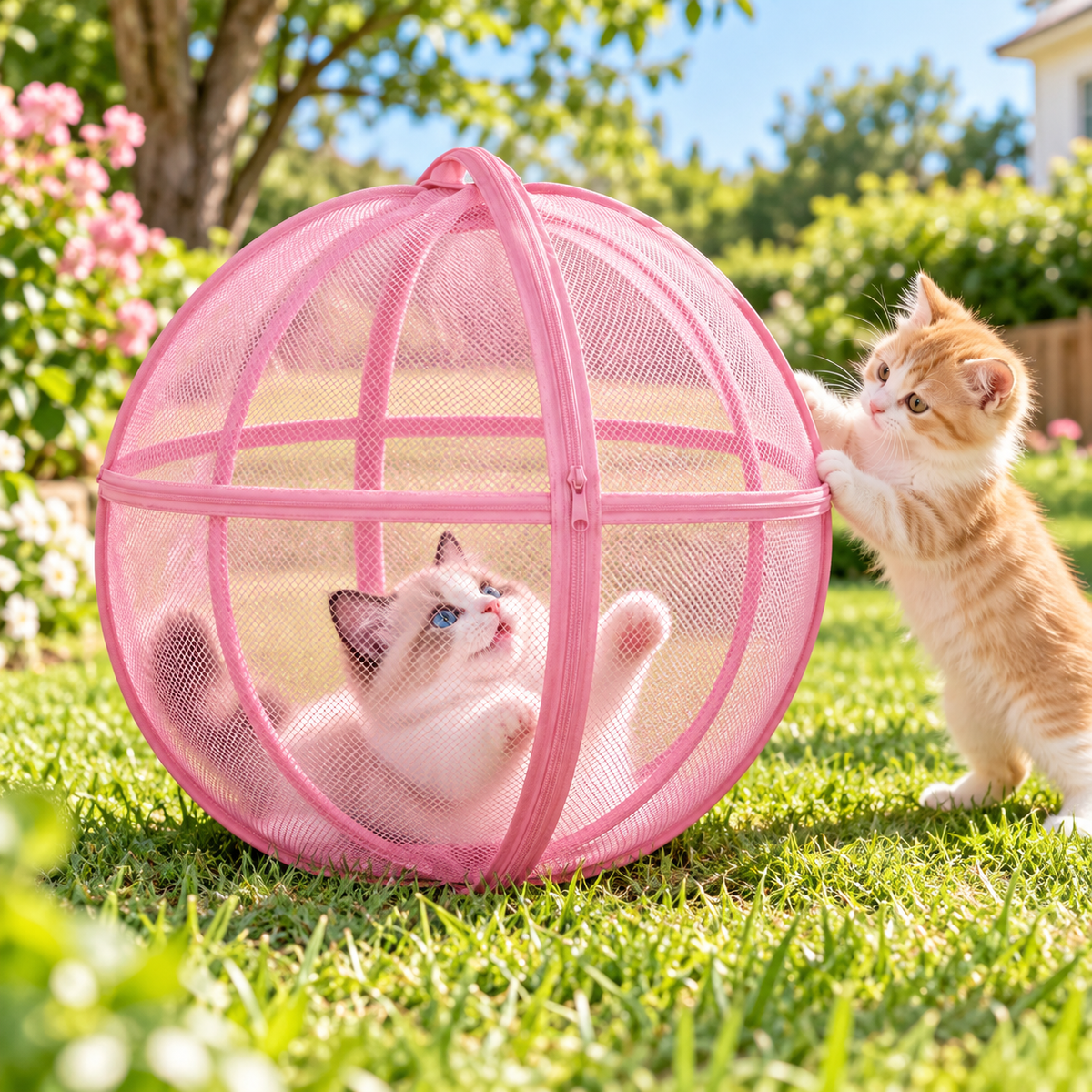 Pink 360° Panoramic Rolling Cat Playpen - 70cm Foldable Spherical Cat Safe Exercise Enclosure, One-Click Setup & Easy Storage for Indoor Outdoor Play and Training