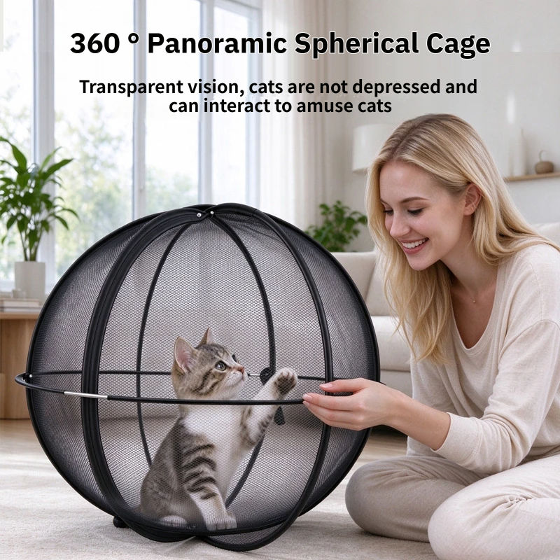 Blue 360° Panoramic Rolling Cat Playpen - 70cm Foldable Spherical Cat Safe Exercise Enclosure, One-Click Setup & Easy Storage for Indoor Outdoor Play and Training