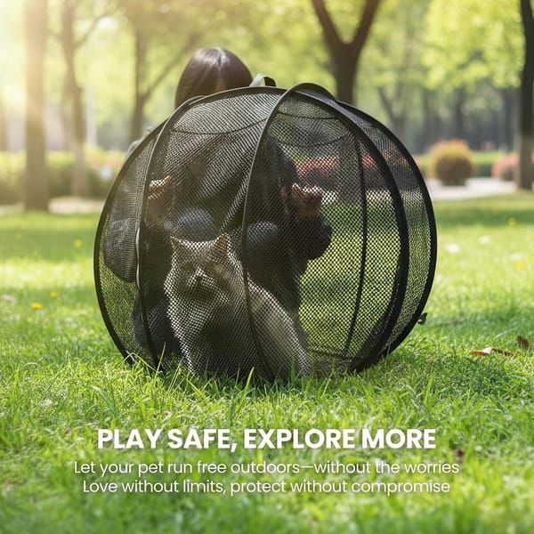 Blue 360° Panoramic Rolling Cat Playpen - 70cm Foldable Spherical Cat Safe Exercise Enclosure, One-Click Setup & Easy Storage for Indoor Outdoor Play and Training