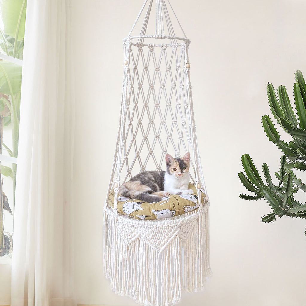 Boho Macrame Hanging Cat Hammock with 40cm Round Cushion, Wooden Beads and Tassels - 112cm Large Handmade Cotton Rope Cat Swing Bed for Indoor Outdoor Cats