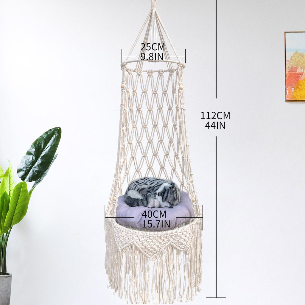 Boho Macrame Hanging Cat Hammock with 40cm Round Cushion, Wooden Beads and Tassels - 112cm Large Handmade Cotton Rope Cat Swing Bed for Indoor Outdoor Cats