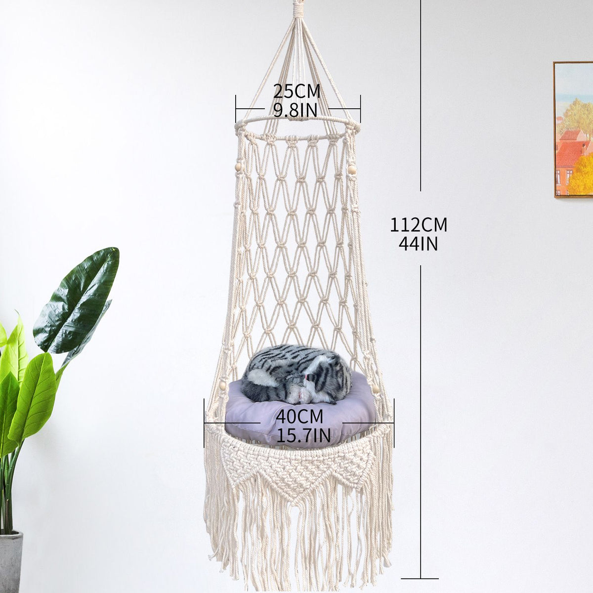 Boho Macrame Hanging Cat Hammock with 40cm Round Cushion, Wooden Beads and Tassels - 112cm Large Handmade Cotton Rope Cat Swing Bed for Indoor Outdoor Cats