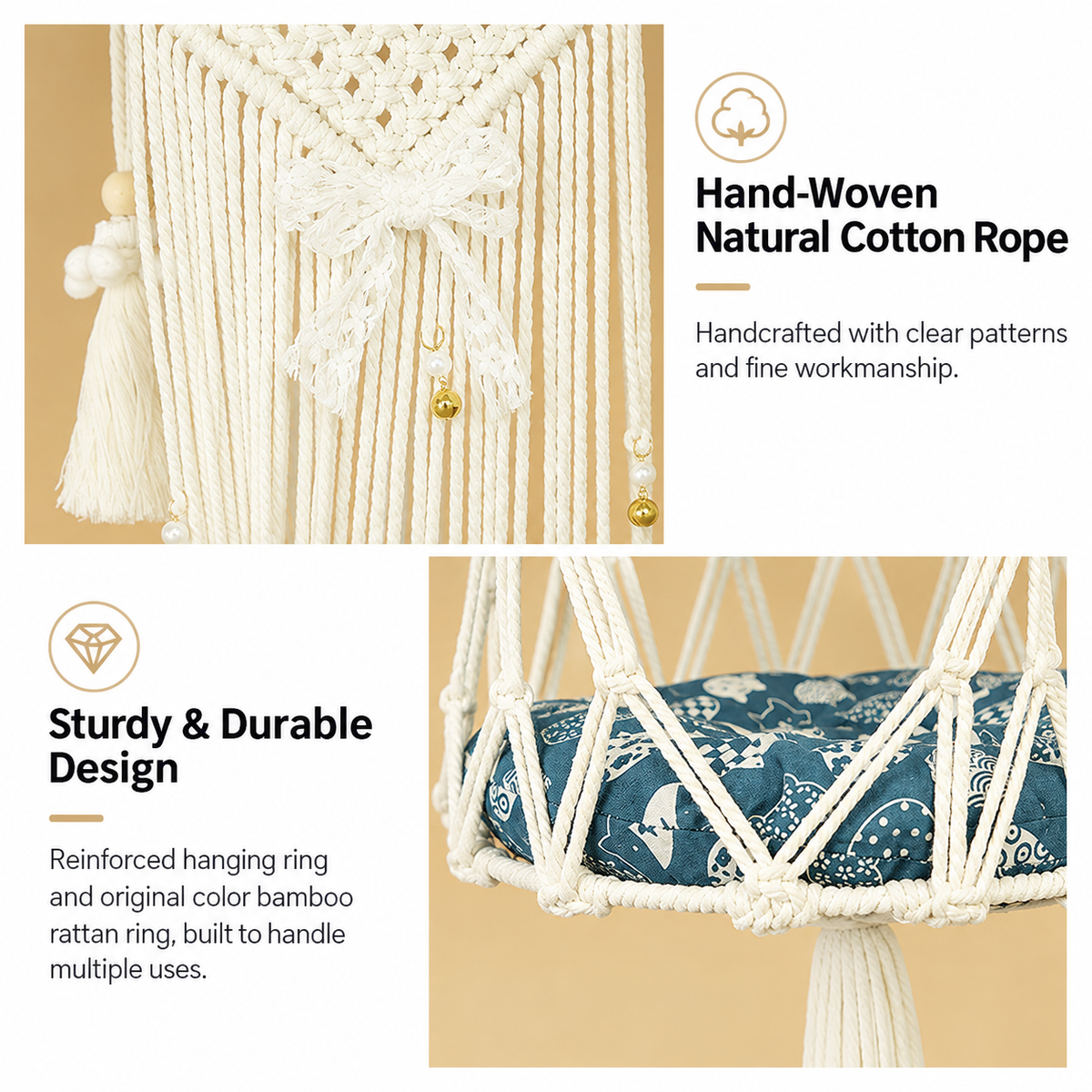 Boho Macrame Hanging Cat Hammock with Butterfly Bells & Tassels - 109cm Large Handmade Cotton Rope Cat Round Swing Bed, Indoor Outdoor Pet Lounge Chair