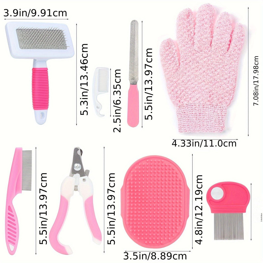 Blue 8-Piece Pet Grooming Kit - Nail Clippers, Slicker Brush, Flea Comb & Bath Glove for Dogs Cats Rabbits, Complete Home Care Pet Set