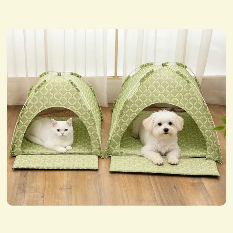 Green 48x42x40cm Summer Pet Cooling Tent Bed - Semi Enclosed Cat Dog House with Waterproof Oxford Fabric, Breathable Mesh, Fiberglass Frame, Non Slip Base