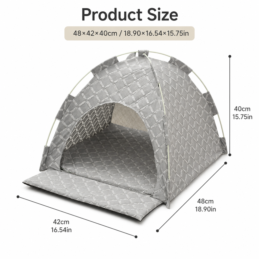 Grey 48x42x40cm Summer Pet Cooling Tent Bed - Semi Enclosed Cat Dog House with Waterproof Oxford Fabric, Breathable Mesh, Fiberglass Frame, Non Slip Base