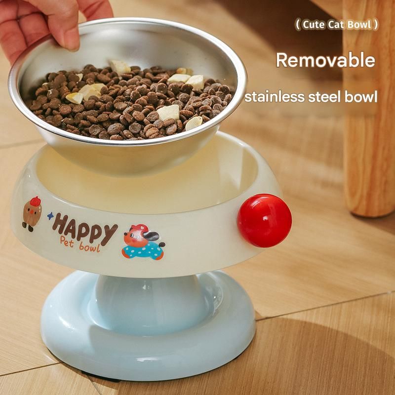 White and Blue Elevated Pet Food Bowl - Stainless Steel Insert, Non-Slip Base, Wide Mouth Design, Ergonomic Neck Protection for Cats and Small Dogs