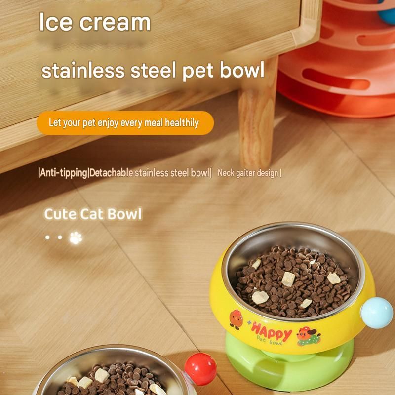Yellow and Green Elevated Pet Food Bowl - Stainless Steel Insert, Non-Slip Base, Wide Mouth Design, Ergonomic Neck Protection for Cats and Small Dogs