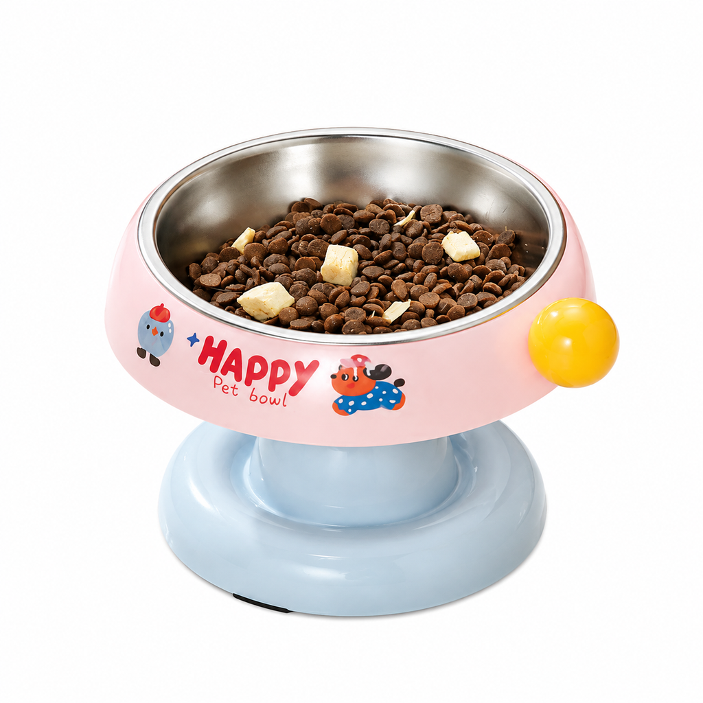 Pink and Blue Elevated Pet Food Bowl - Stainless Steel Insert, Non-Slip Base, Wide Mouth Design, Ergonomic Neck Protection for Cats and Small Dogs