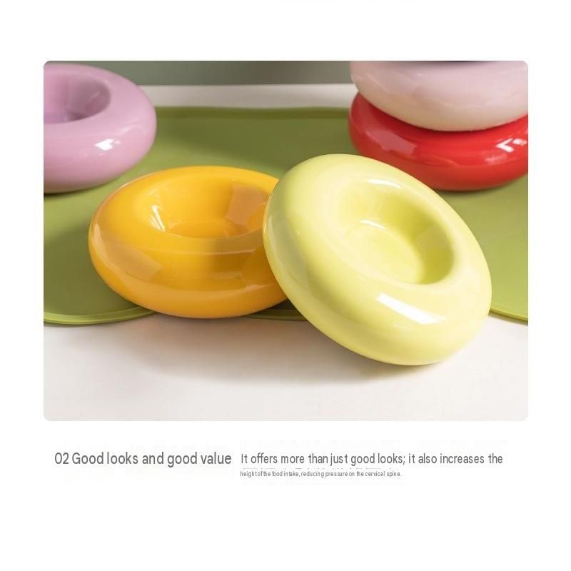 Blue Ceramic Pet Donut Bowl - 50ml  Food Dish for Cats and Small Dogs - Non Slip Base, Easy Clean Glaze, Compact Snack Feeder, Pastel Colours, Home and Travel Use
