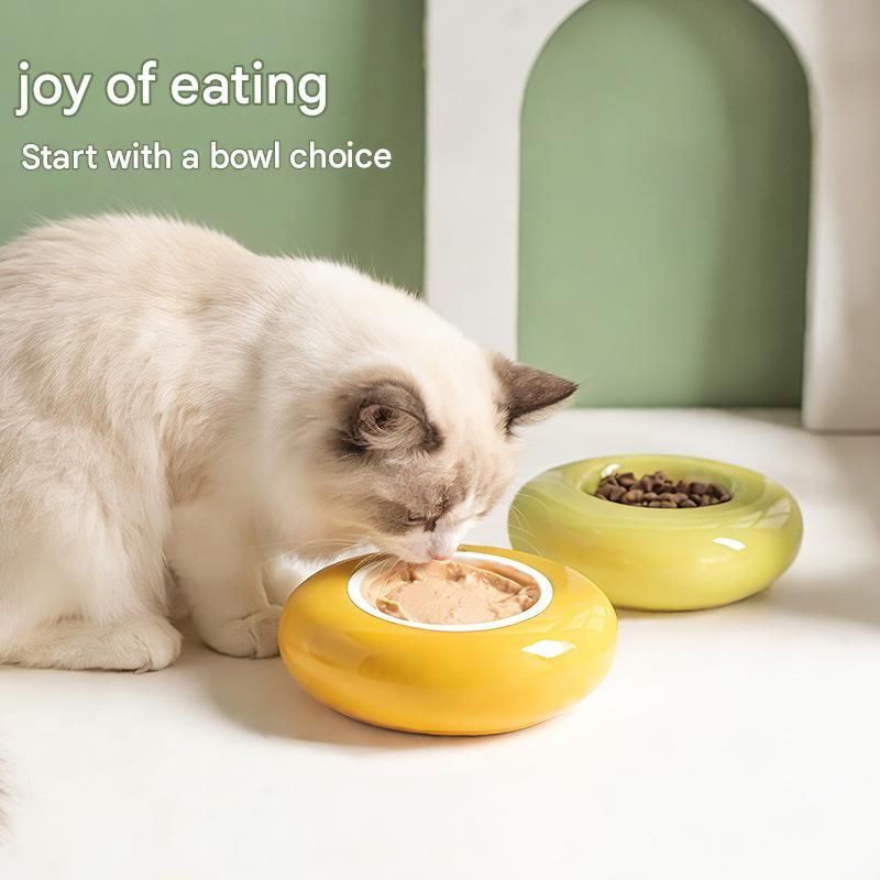 Green Ceramic Pet Donut Bowl - 50ml  Food Dish for Cats and Small Dogs - Non Slip Base, Easy Clean Glaze, Compact Snack Feeder, Pastel Colours, Home and Travel Use