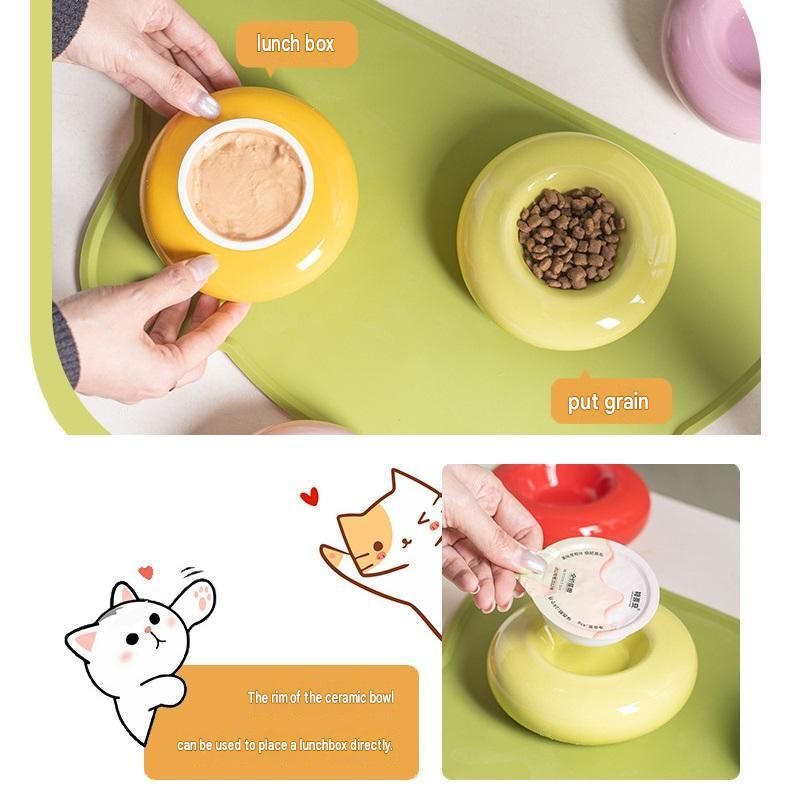Green Ceramic Pet Donut Bowl - 50ml  Food Dish for Cats and Small Dogs - Non Slip Base, Easy Clean Glaze, Compact Snack Feeder, Pastel Colours, Home and Travel Use