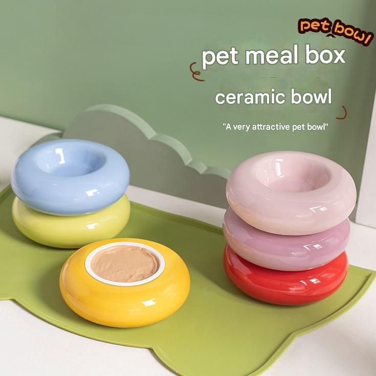 Yellow Ceramic Pet Donut Bowl - 50ml  Food Dish for Cats and Small Dogs - Non Slip Base, Easy Clean Glaze, Compact Snack Feeder, Pastel Colours, Home and Travel Use