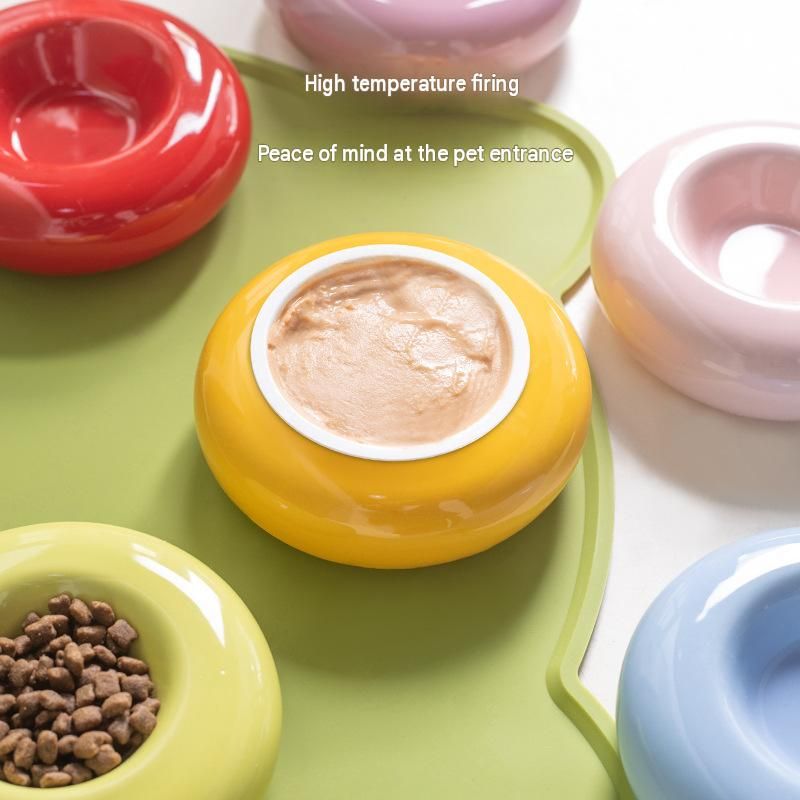 Yellow Ceramic Pet Donut Bowl - 50ml  Food Dish for Cats and Small Dogs - Non Slip Base, Easy Clean Glaze, Compact Snack Feeder, Pastel Colours, Home and Travel Use