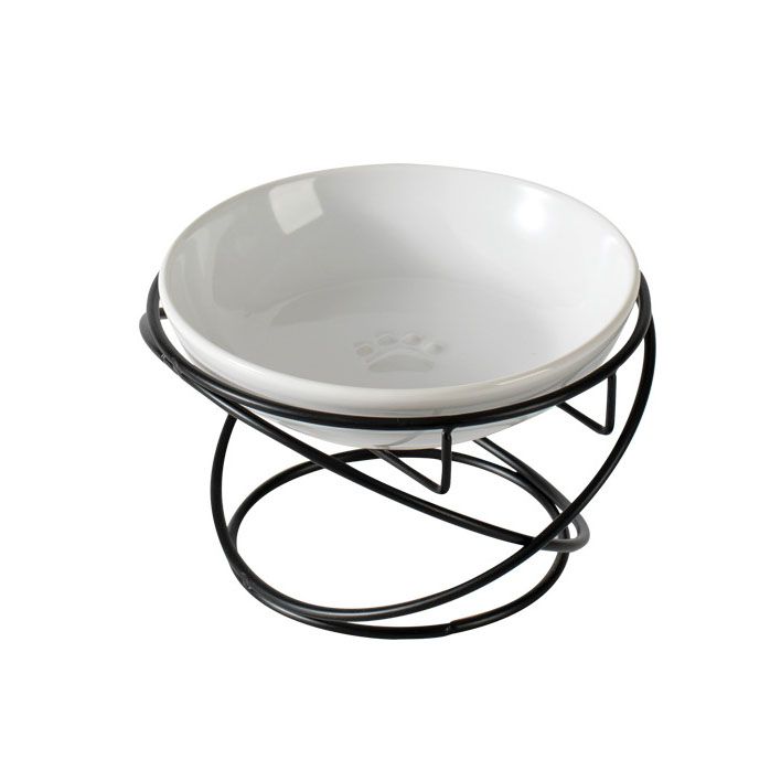 Raised Ceramic Pet Bowl with  Metal Stand White - Paw Print Cat and Dog Feeding Bowl, Removable Easy-Clean Dish with Elevated Design for Food and Water