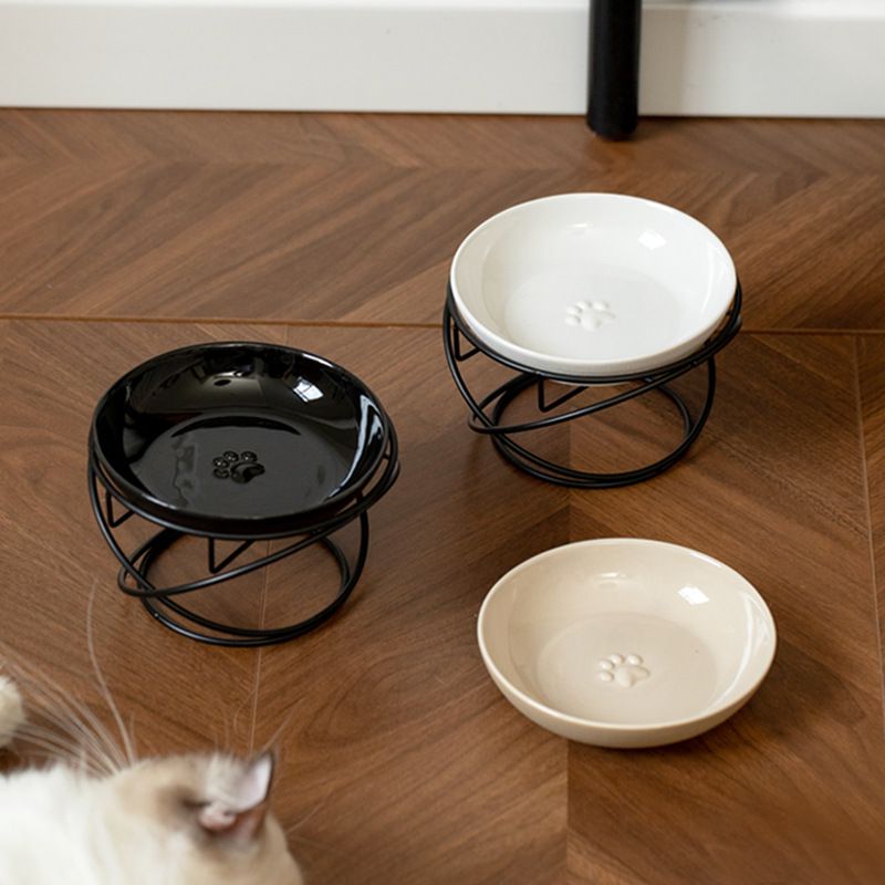 Raised Ceramic Pet Bowl with  Metal Stand White - Paw Print Cat and Dog Feeding Bowl, Removable Easy-Clean Dish with Elevated Design for Food and Water