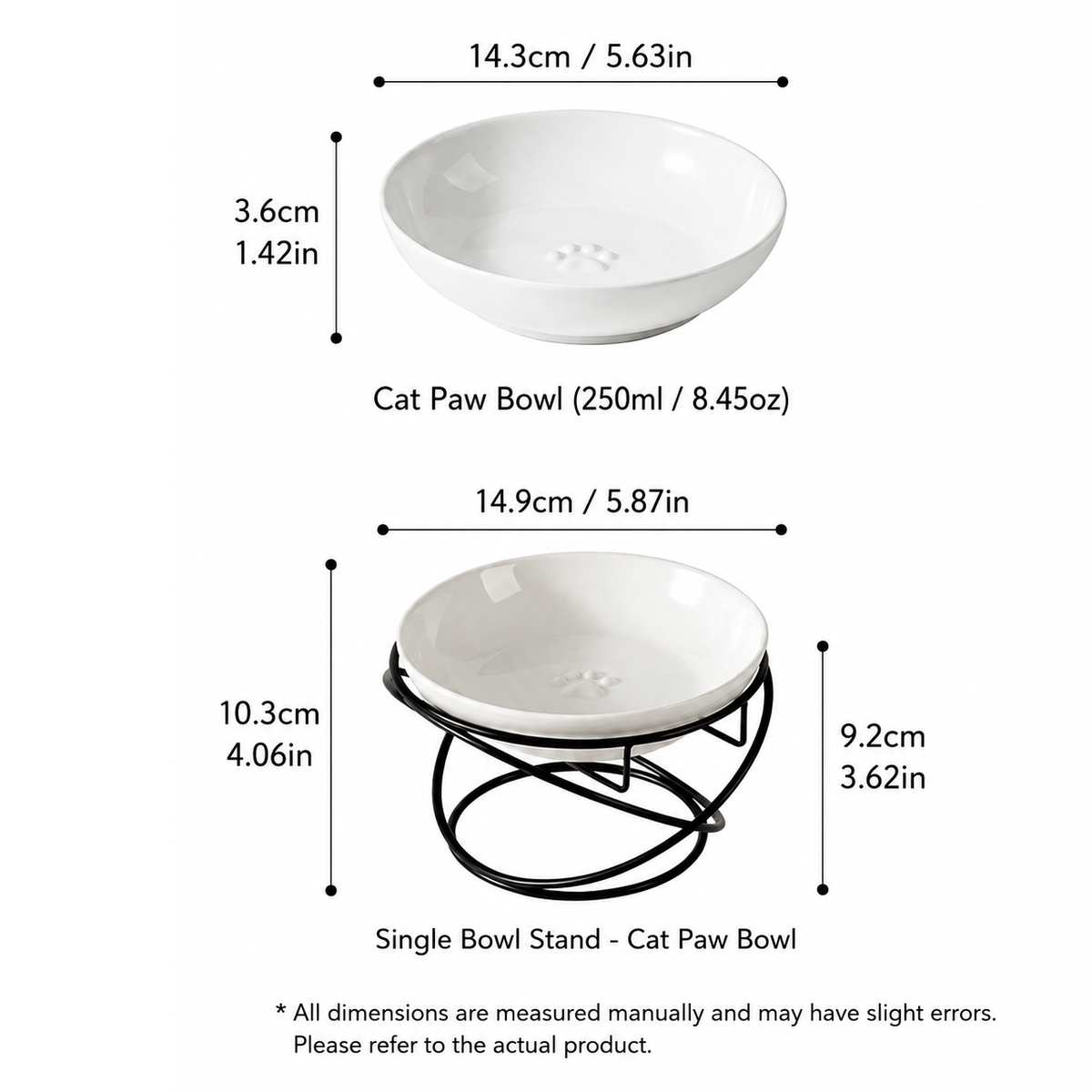 Raised Ceramic Pet Bowl with  Metal Stand White - Paw Print Cat and Dog Feeding Bowl, Removable Easy-Clean Dish with Elevated Design for Food and Water