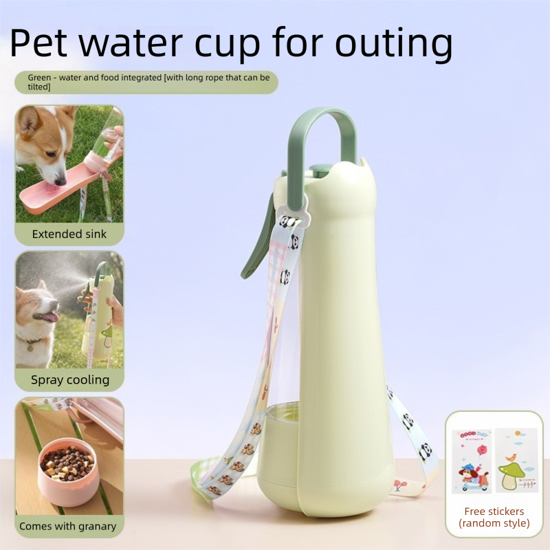 Portable Dog Water Bottle with Foldable Drinking Trough - Green 3-in-1 Pet Travel Water Dispenser with Fine Mist Spray, Food Storage and Carry Strap for Walking and Outdoor Trips