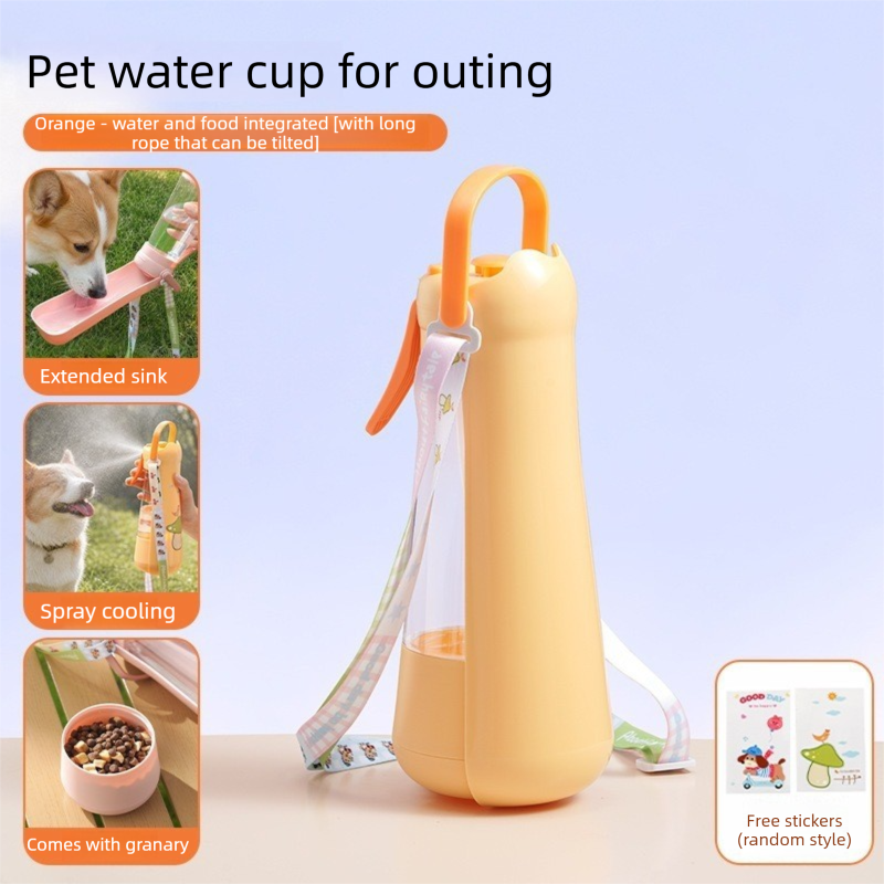 Portable Dog Water Bottle with Foldable Drinking Trough - Orange 3-in-1 Pet Travel Water Dispenser with Fine Mist Spray, Food Storage and Carry Strap for Walking and Outdoor Trips
