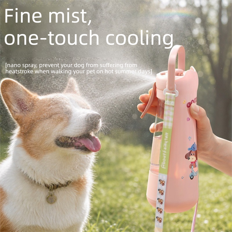 Portable Dog Water Bottle with Foldable Drinking Trough - Orange 3-in-1 Pet Travel Water Dispenser with Fine Mist Spray, Food Storage and Carry Strap for Walking and Outdoor Trips