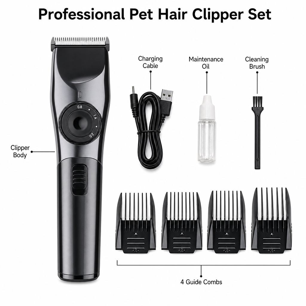 Black Rechargeable Pet Hair Clippers – Cordless Dog & Cat Grooming Trimmer with Adjustable Cutting Length, Guide Combs, USB Charging & Grooming Accessories