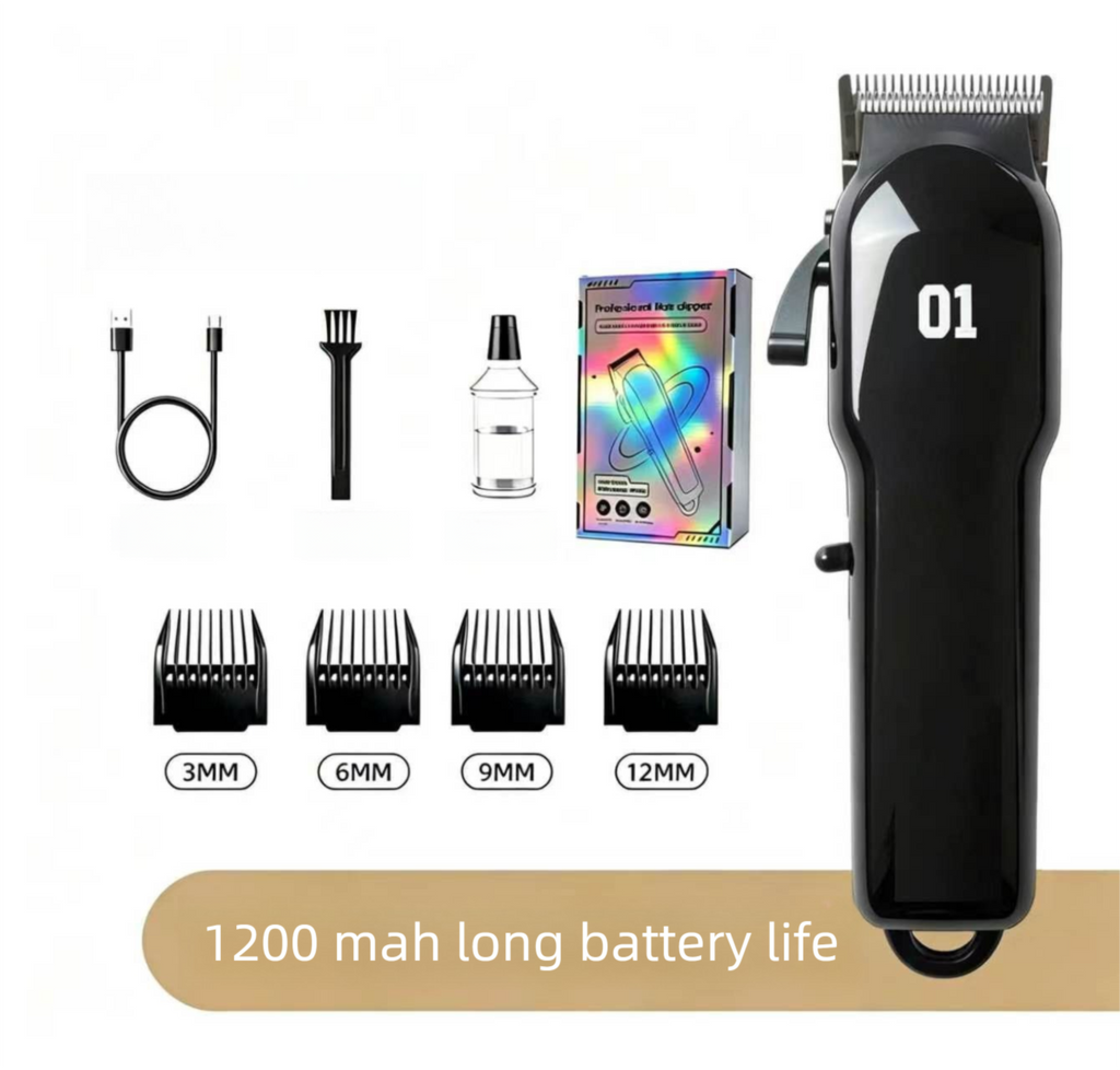 Black Rechargeable Pet Hair Clippers - 1200mAh Dog and Cat Grooming Trimmer with Digital Display, USB Charging, Adjustable Blade and Guide Combs