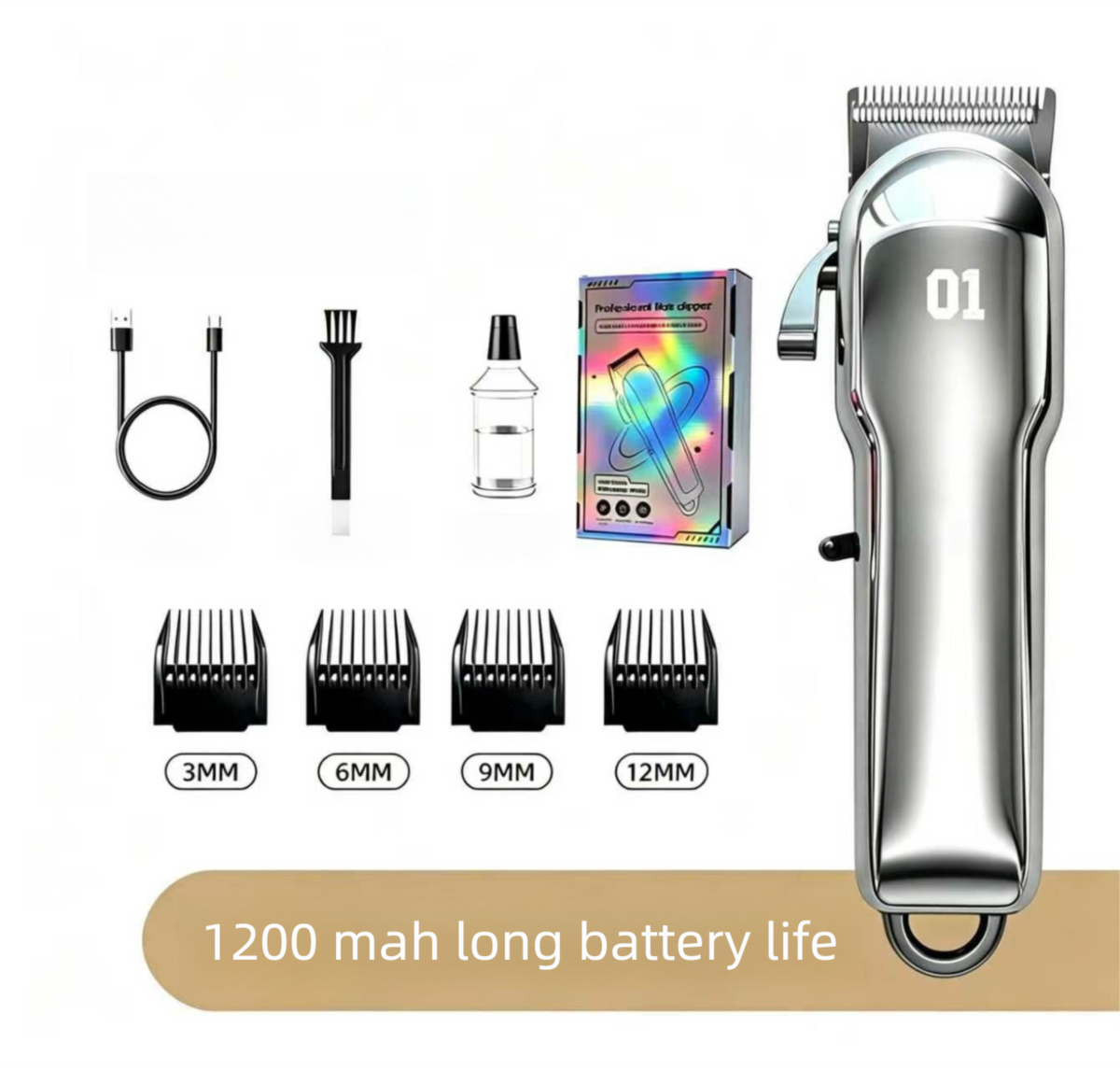 Silver Rechargeable Pet Hair Clippers - 1200mAh Dog and Cat Grooming Trimmer with Digital Display, USB Charging, Adjustable Blade and Guide Combs