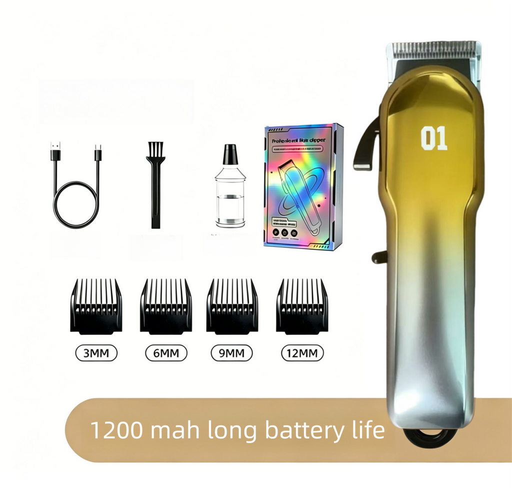Gold Gradient Rechargeable Pet Hair Clippers - 1200mAh Dog and Cat Grooming Trimmer with Digital Display, USB Charging, Adjustable Blade and Guide Combs