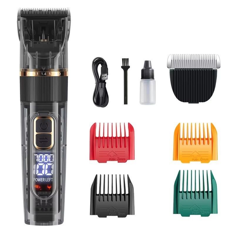 Rechargeable Pet Hair Clippers Black - 2000mAh Dog and Cat Grooming Trimmer with Transparent Housing, Smart Digital Display, Adjustable Cutting Length and Guide Combs
