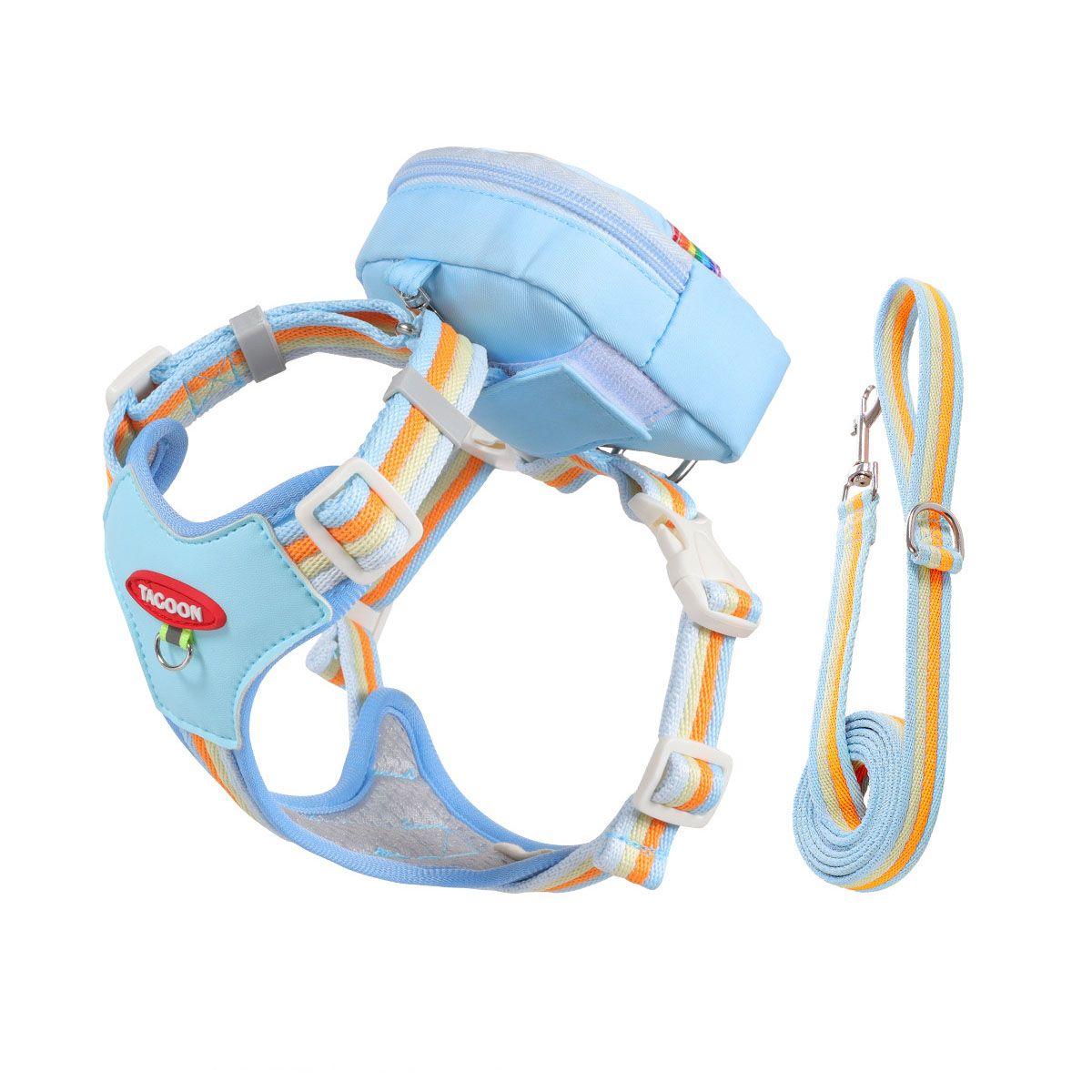 Size XL 3-in-1 Mini Pet Backpack-Style Carrier Set - Light Blue Rainbow Shoulder Straps Dog Carrier with Detachable Treat Pouch and Matching Leash, Suitable for Daily Walks