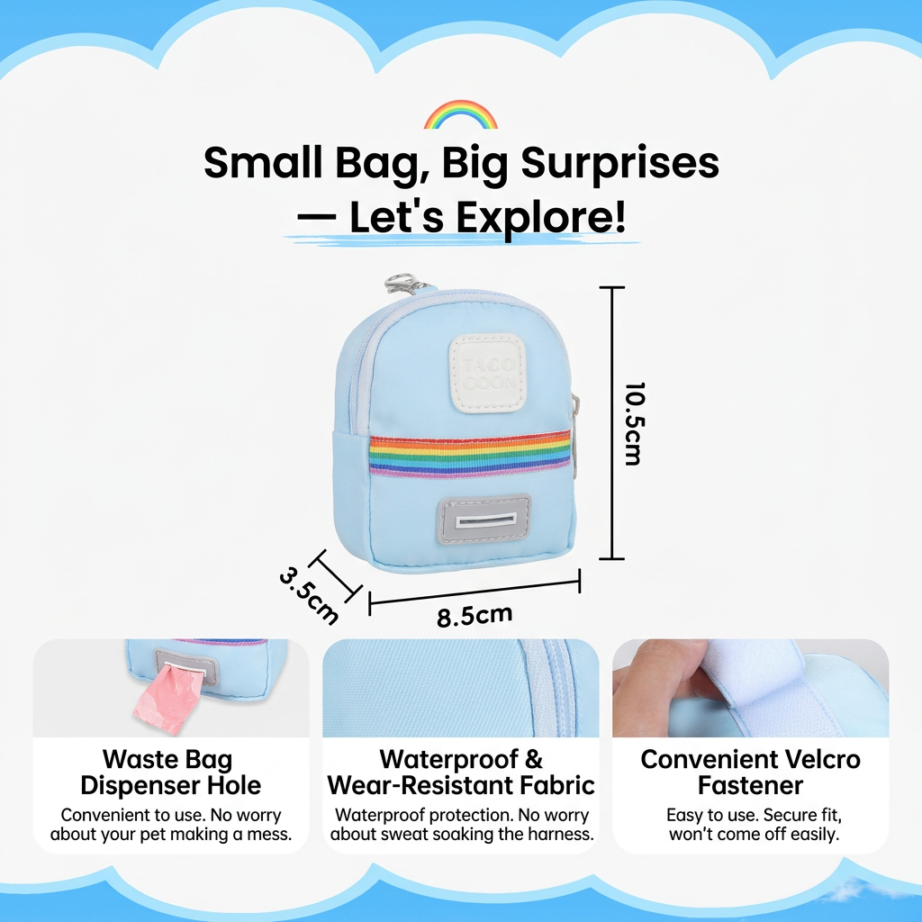 Size XL 3-in-1 Mini Pet Backpack-Style Carrier Set - Light Blue Rainbow Shoulder Straps Dog Carrier with Detachable Treat Pouch and Matching Leash, Suitable for Daily Walks