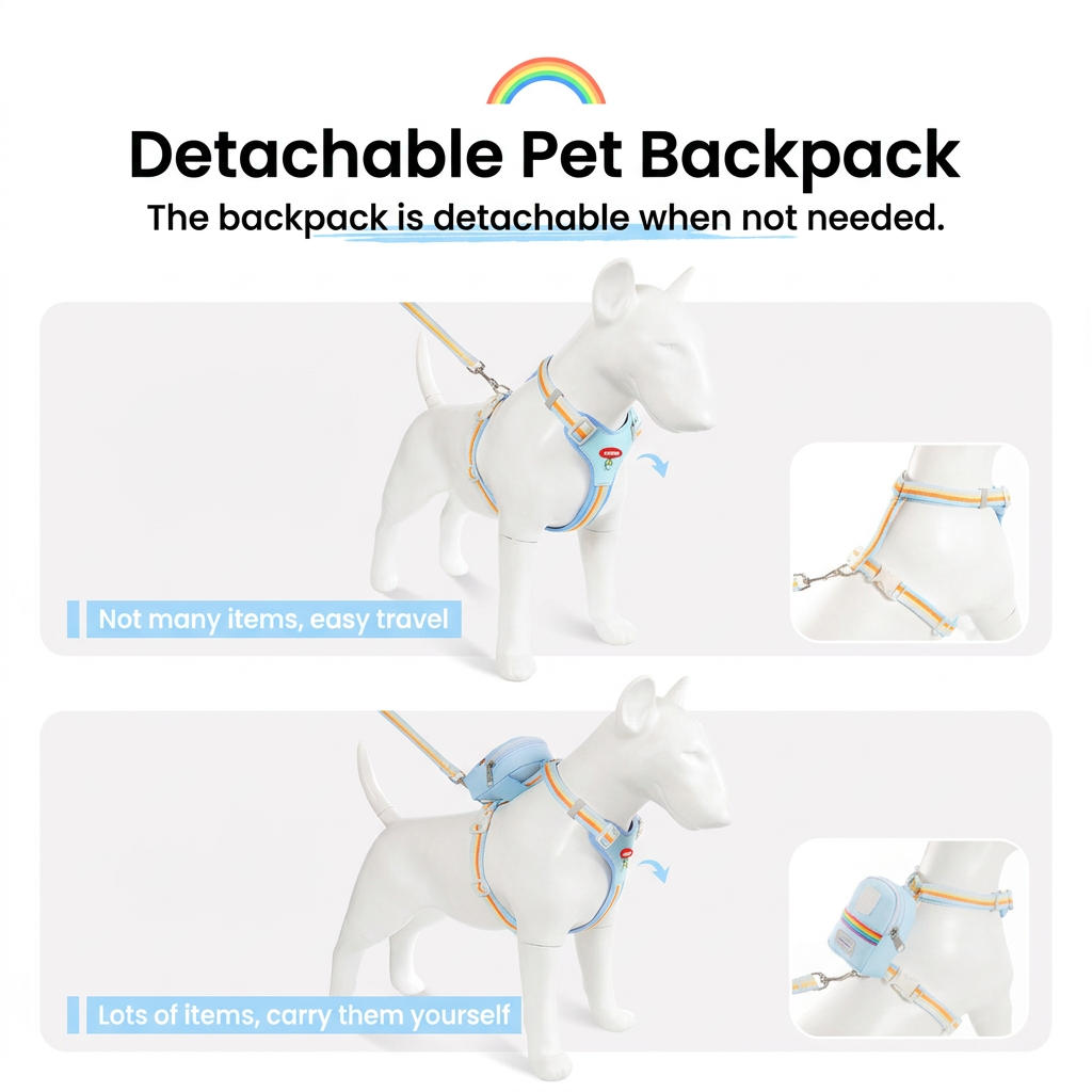 Black Size L 3-in-1 Mini Pet Backpack-Style Carrier Set - Adjustable dog harness with detachable treat pouch and matching leash, suitable for daily walks