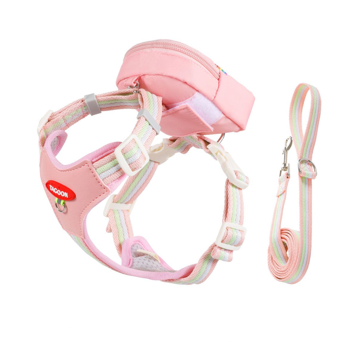 Pink Size XL 3-in-1 Mini Pet Backpack-Style Carrier Set - Adjustable dog harness with detachable treat pouch and matching leash, suitable for daily walks