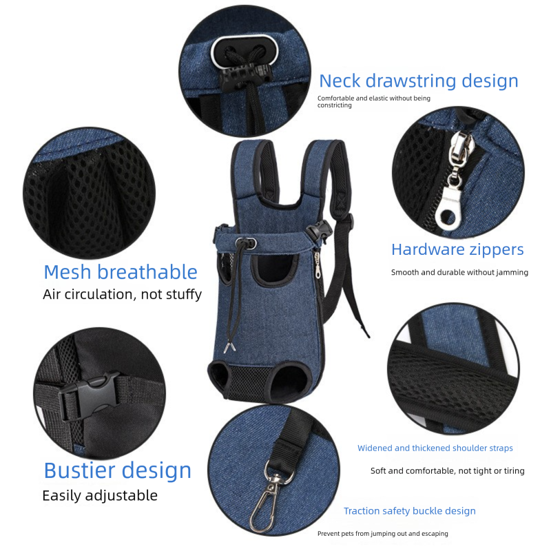Pet Carrier Backpack L Size - Denim Blue Oxford Fabric and Breathable Mesh, Front Chest Hands Free Carrier with Padded Straps for Cats and Small Dogs 4-7 kg